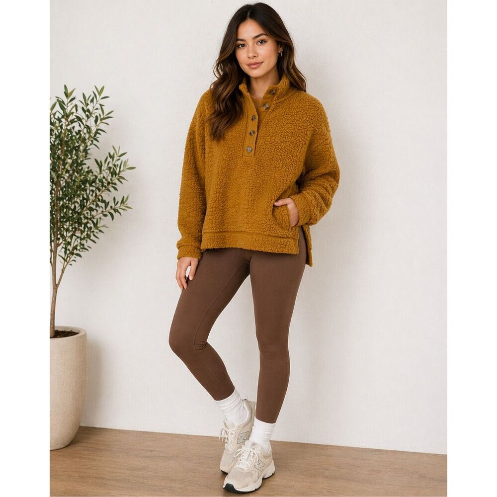 Aerie Sherpa Pullover Small Mustard Fleece Oversized Cozy